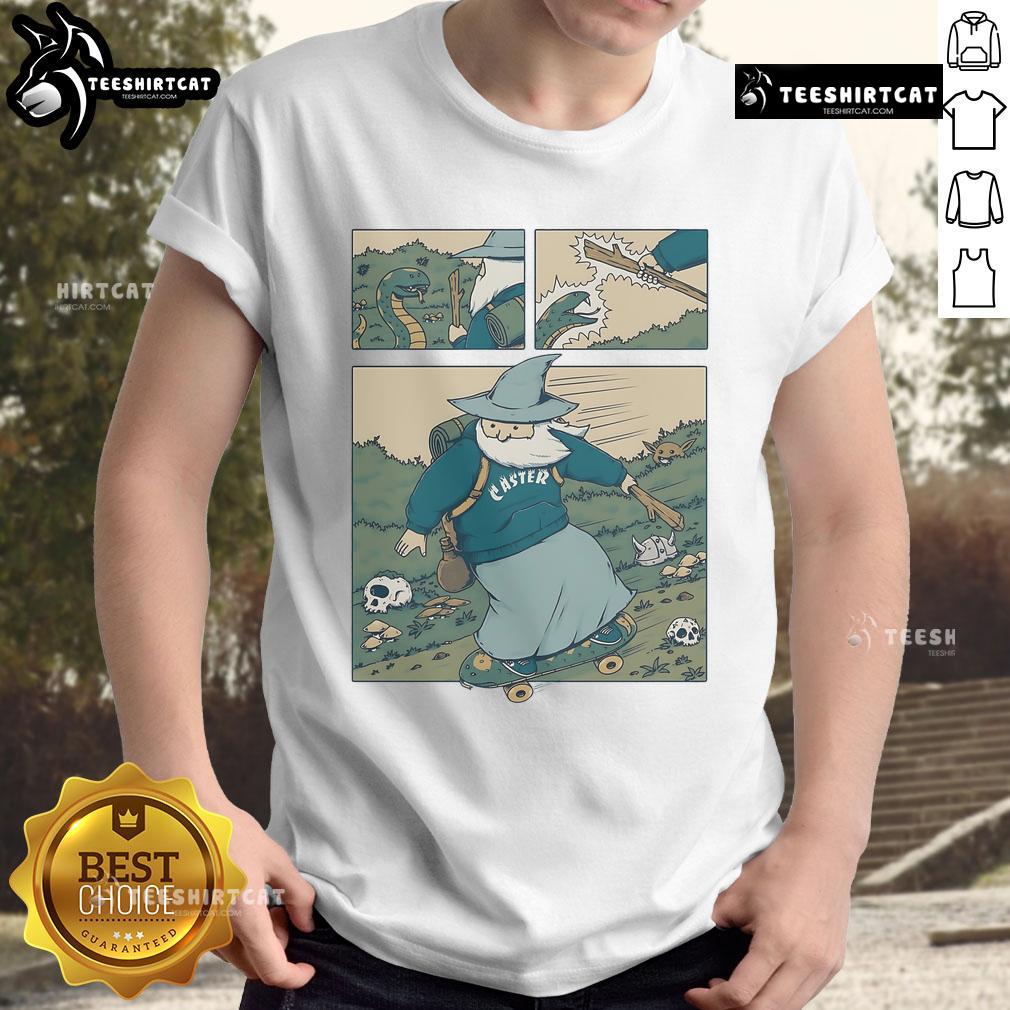 Pretty Snakeboarding Wizard T-Shirt featuring a colorful wizard graphic and a stylish skateboard design.