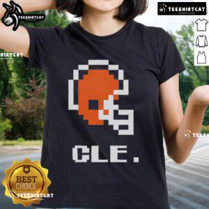 Alt Text: Stylish Cleveland Browns football helmet pixel design on a ladies' tee, perfect for fans and casual wear.