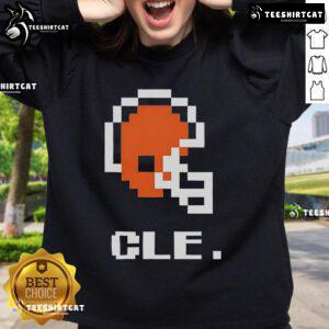 Alt Text: Cleveland Browns football helmet pixel sweatshirt featuring bold team colors and design for fans and players.