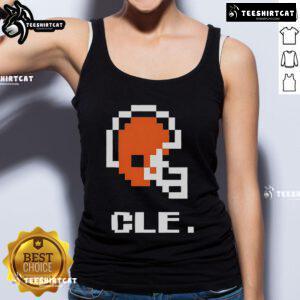 Alt Text: Top Cleveland Browns football helmet pixel tank top design featuring team's colors and logo for stylish fan apparel.