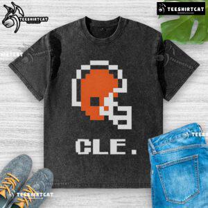 Alt Text: Top Cleveland Browns football helmet pixel washed t-shirt featuring vibrant team colors and a stylish design.
