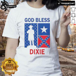 Top God Bless Dixie Southern Soldier Ladies Tee featuring patriotic design on a stylish women's t-shirt.