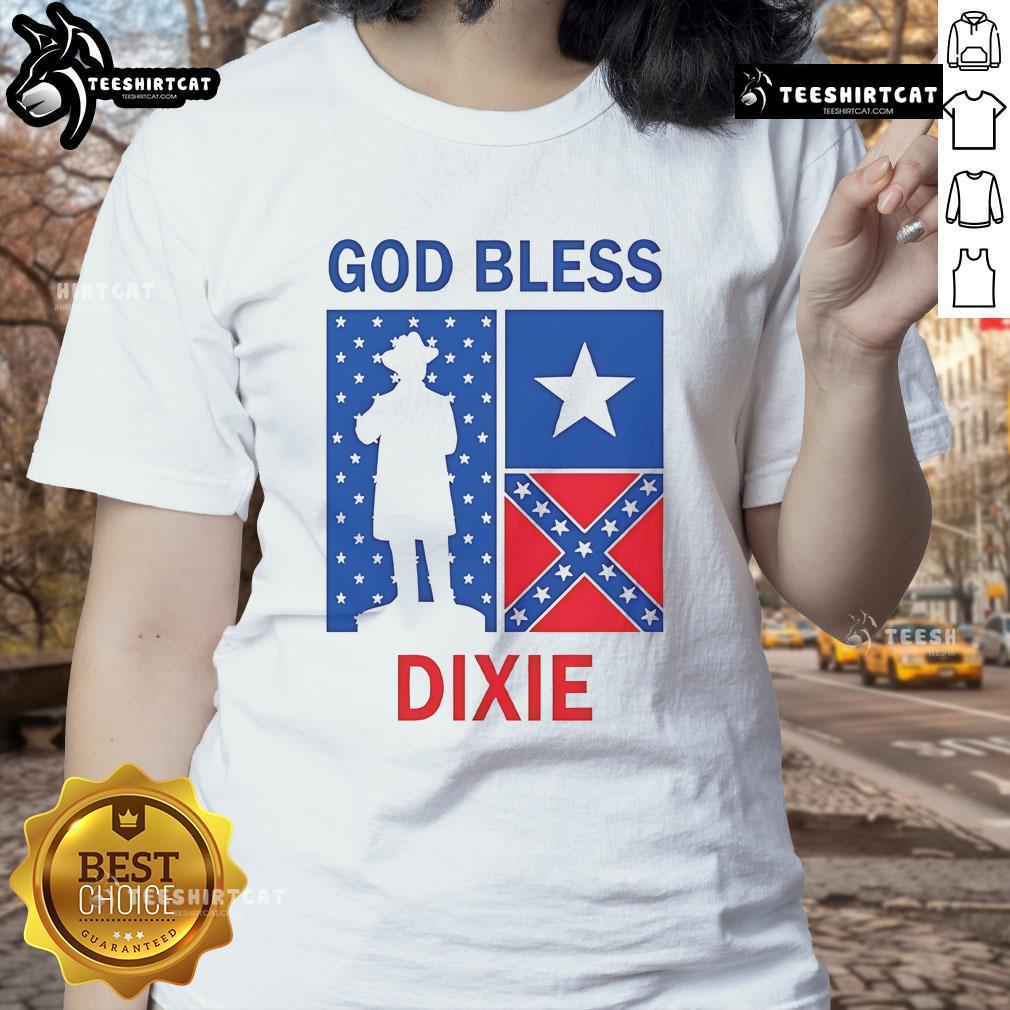 Top God Bless Dixie Southern Soldier Ladies Tee featuring patriotic design on a stylish women's t-shirt.