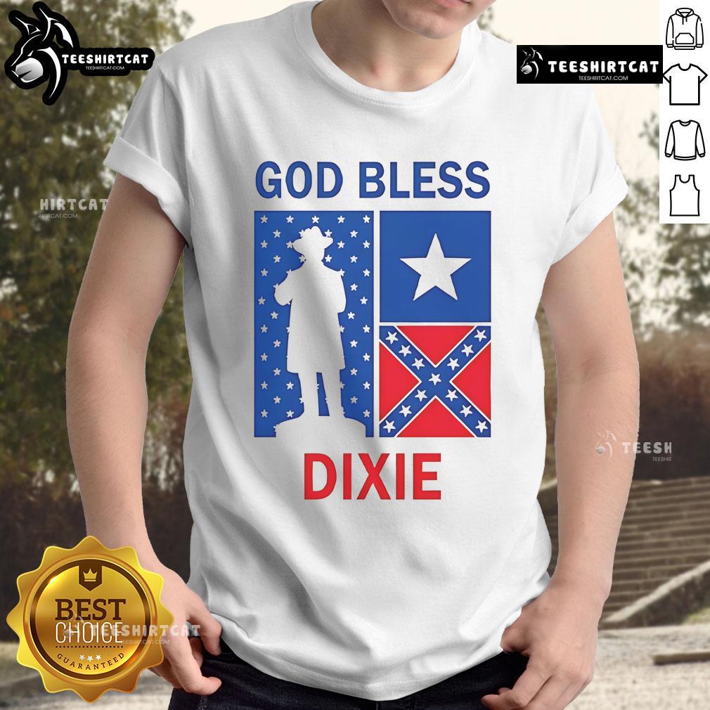 Top God Bless Dixie The Southern Soldier T-Shirt featuring a patriotic design celebrating Southern heritage.
