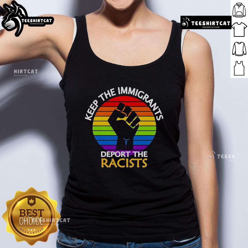 Top Keep The Immigrants Deport The Racists Pride Tank Top showcasing a bold, colorful design promoting inclusivity.