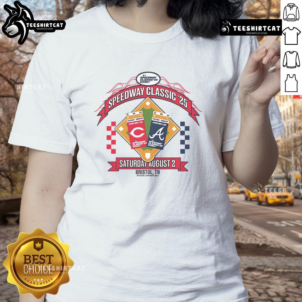 Awesome Cincinnati Reds vs Atlanta Braves 2025 MLB Speedway Classic Arch Ladies Tee featuring vibrant team graphics.
