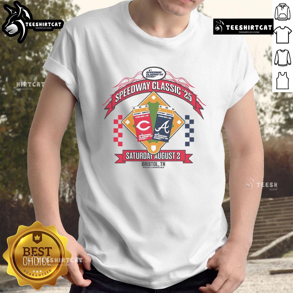 Alt Text: Awesome Cincinnati Reds vs Atlanta Braves 2025 MLB Speedway Classic Arch T-Shirt design featuring team logos.