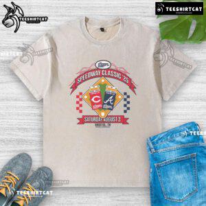 Awesome Cincinnati Reds vs Atlanta Braves 2025 MLB Speedway Classic Arch Washed T-Shirt displayed on a hanger.