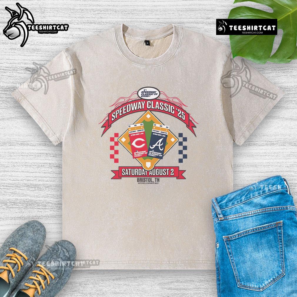 Awesome Cincinnati Reds vs Atlanta Braves 2025 MLB Speedway Classic Arch Washed T-Shirt displayed on a hanger.