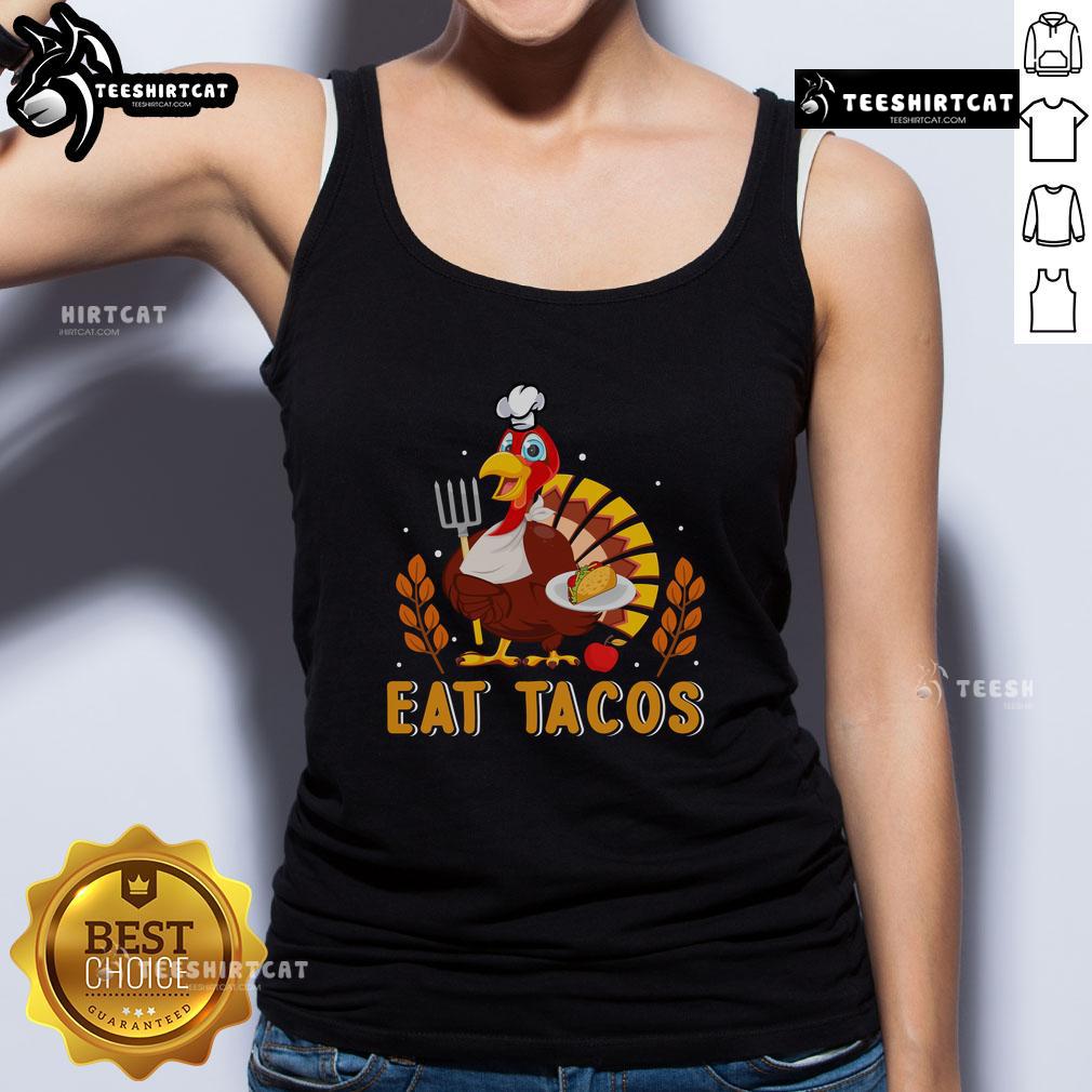 Awesome turkey eating tacos on a Thanksgiving tank top, perfect for festive holiday celebrations and Thanksgiving apparel.