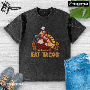 Alt Text: Awesome turkey eating tacos on a Thanksgiving-themed washed t-shirt, perfect for festive celebrations.