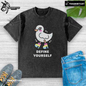 Alt Text: Cute Define Yourself Pride Duck washed t-shirt featuring a colorful duck design celebrating individuality and LGBTQ+ pride.