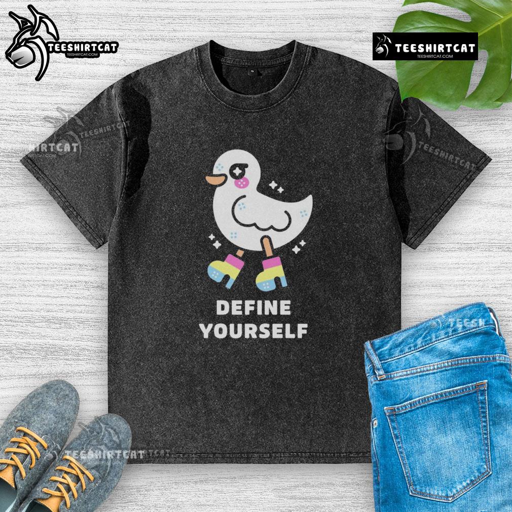 Alt Text: Cute Define Yourself Pride Duck washed t-shirt featuring a colorful duck design celebrating individuality and LGBTQ+ pride.