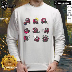 Cute Squid Game supervisor sweatshirt featuring square, round, and triangle emojis in vibrant colors.