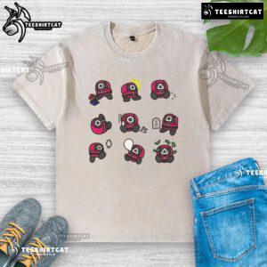 Alt Text: Cute Squid Game Supervisor graphic on a washed t-shirt featuring square, round, and triangle emojis.