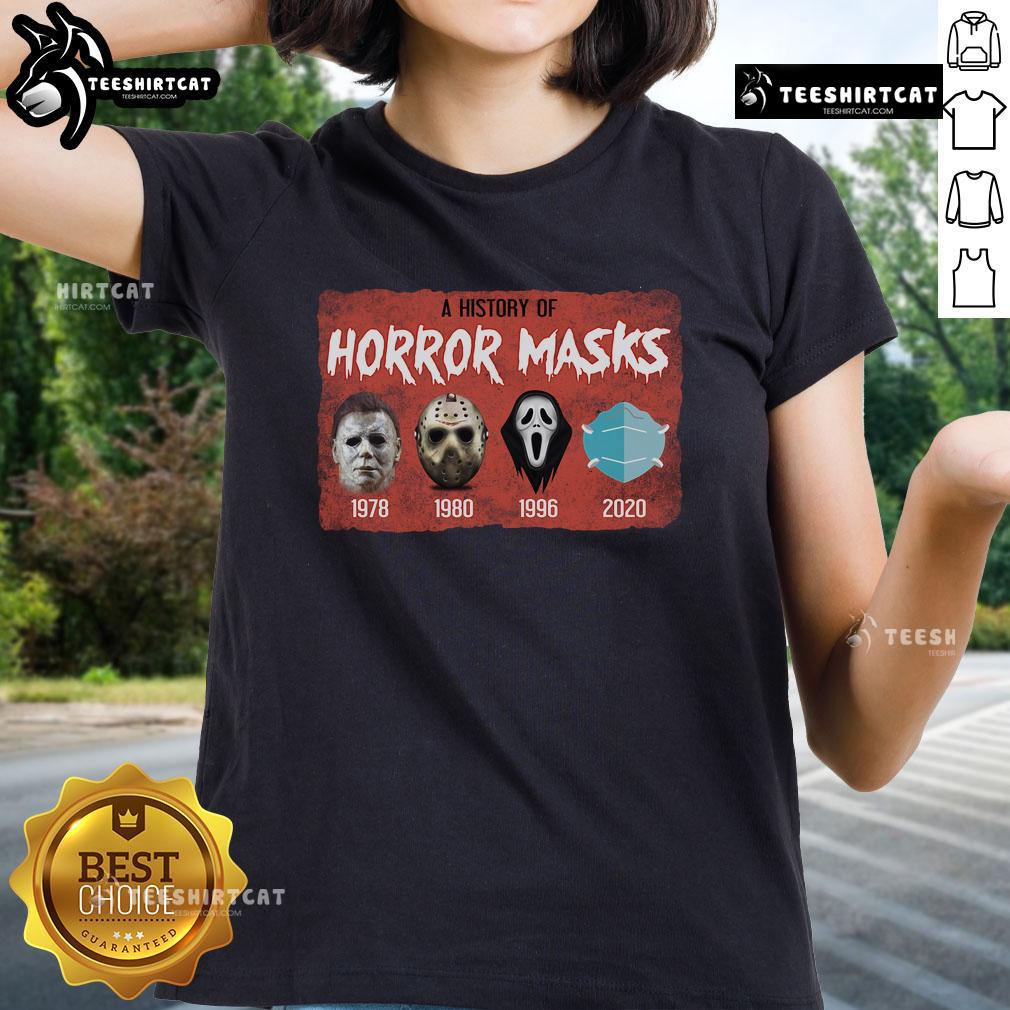 Funny A History Of Horror Mask Horror Movie Ladies Tee showcasing a playful design perfect for horror film enthusiasts.