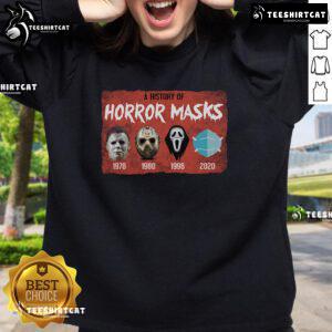 Funny A History of Horror Mask sweatshirt featuring iconic horror movie designs, perfect for Halloween enthusiasts.