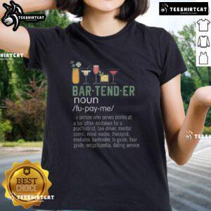 Humorous mixology dictionary graphic featuring cocktail glasses, perfect for funny bartender fans on a ladies tee.