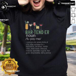 Alt Text: Humorous mixology dictionary graphic on a sweatshirt featuring cocktail glasses and a funny bartender definition.
