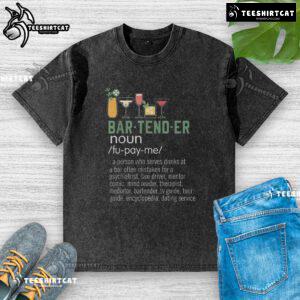 Funny bartender definition graphic on a washed t-shirt, featuring cocktail glasses and humorous mixology dictionary style.