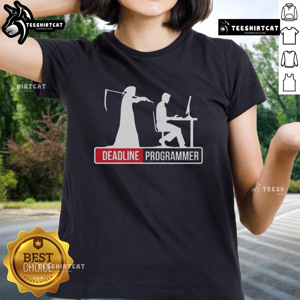 Funny Deadline Programmer Grim Reaper looming over coder at desk, perfect for ladies' tee showcasing programmer humor.
