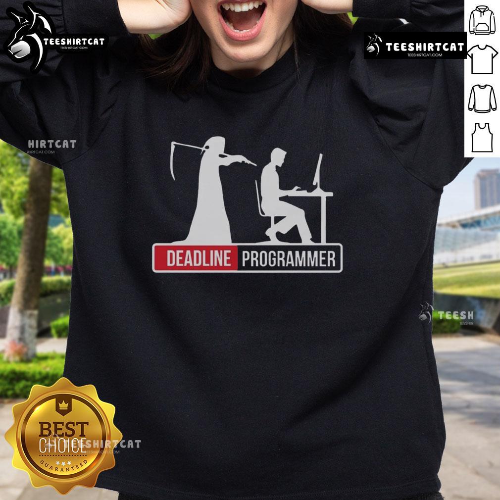 Funny sweatshirt featuring a Grim Reaper standing behind a stressed coder at a desk, highlighting programmer deadlines.