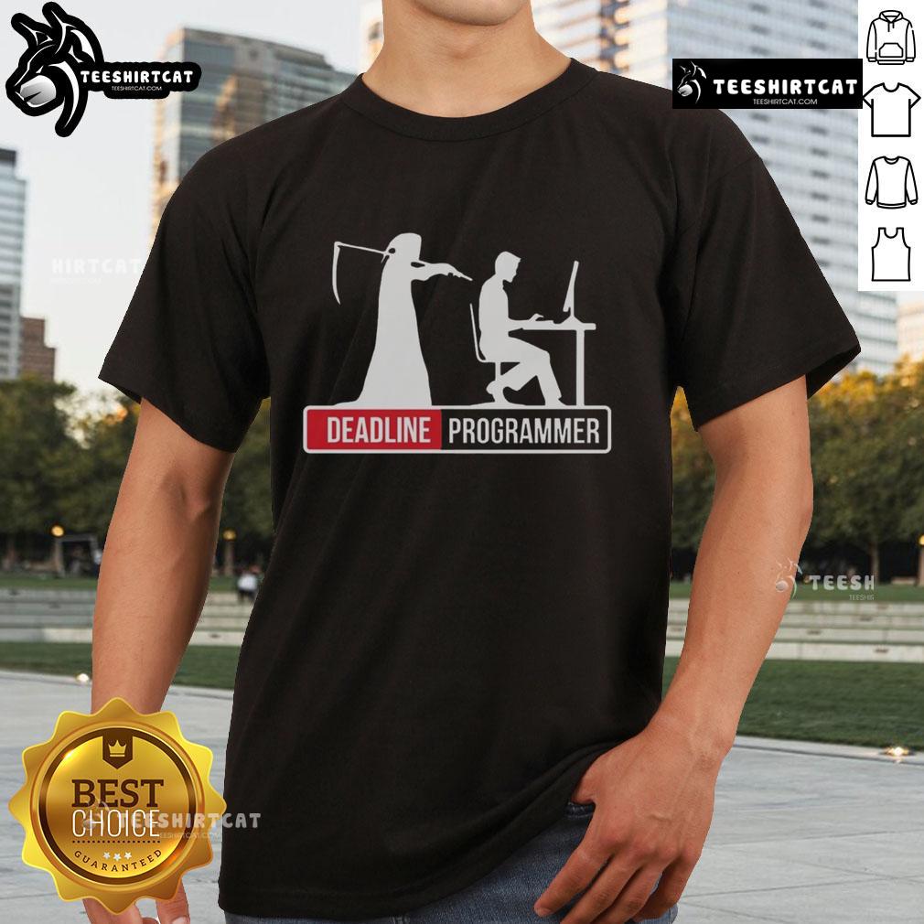 Funny deadline programmer grim reaper stands behind coder at desk, perfect for tech enthusiasts t-shirt design.