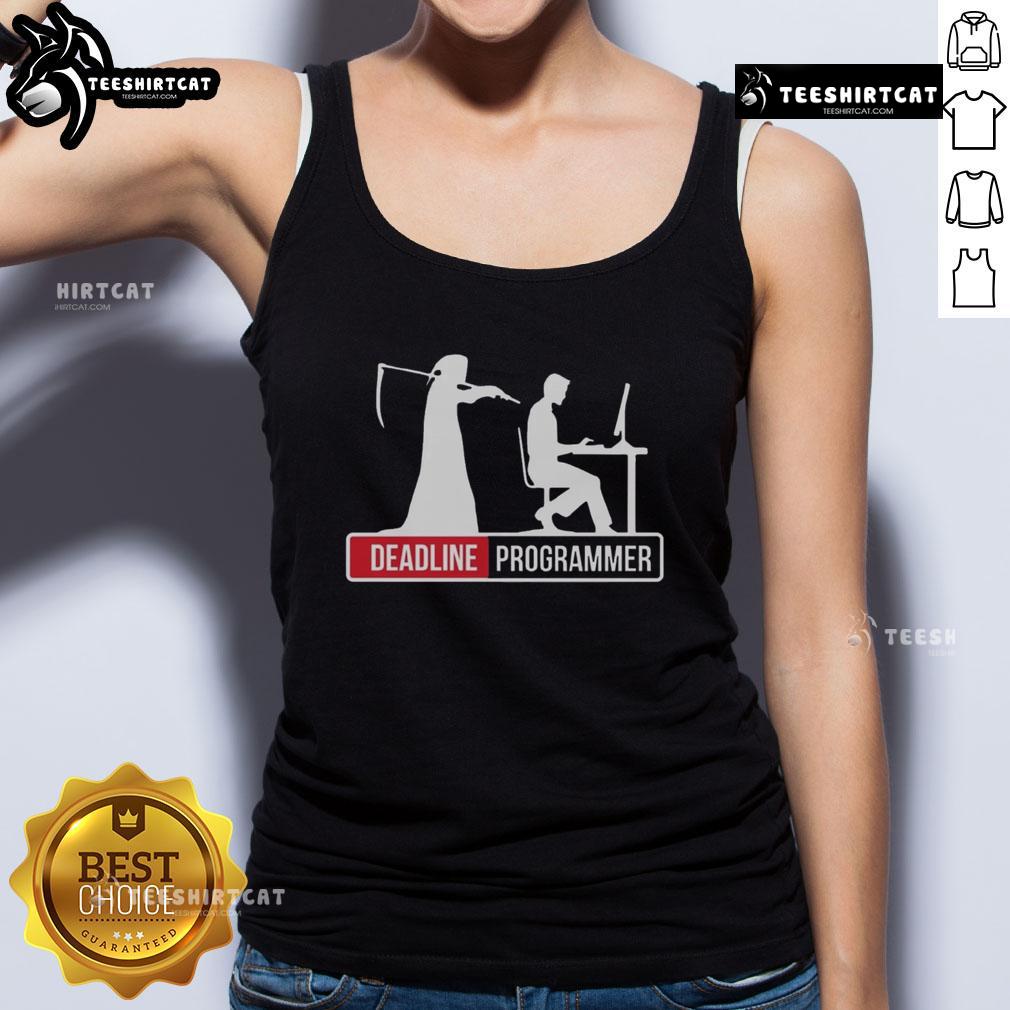 Funny grim reaper looming over a coder in a tank top at a desk, highlighting programmer's stress of looming deadlines.
