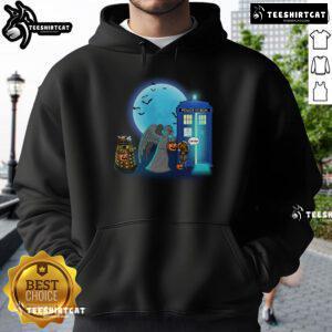 Funny Doctor Who Halloween hoodie featuring TARDIS, Dalek, and Weeping Angel for trick-or-treating fun.