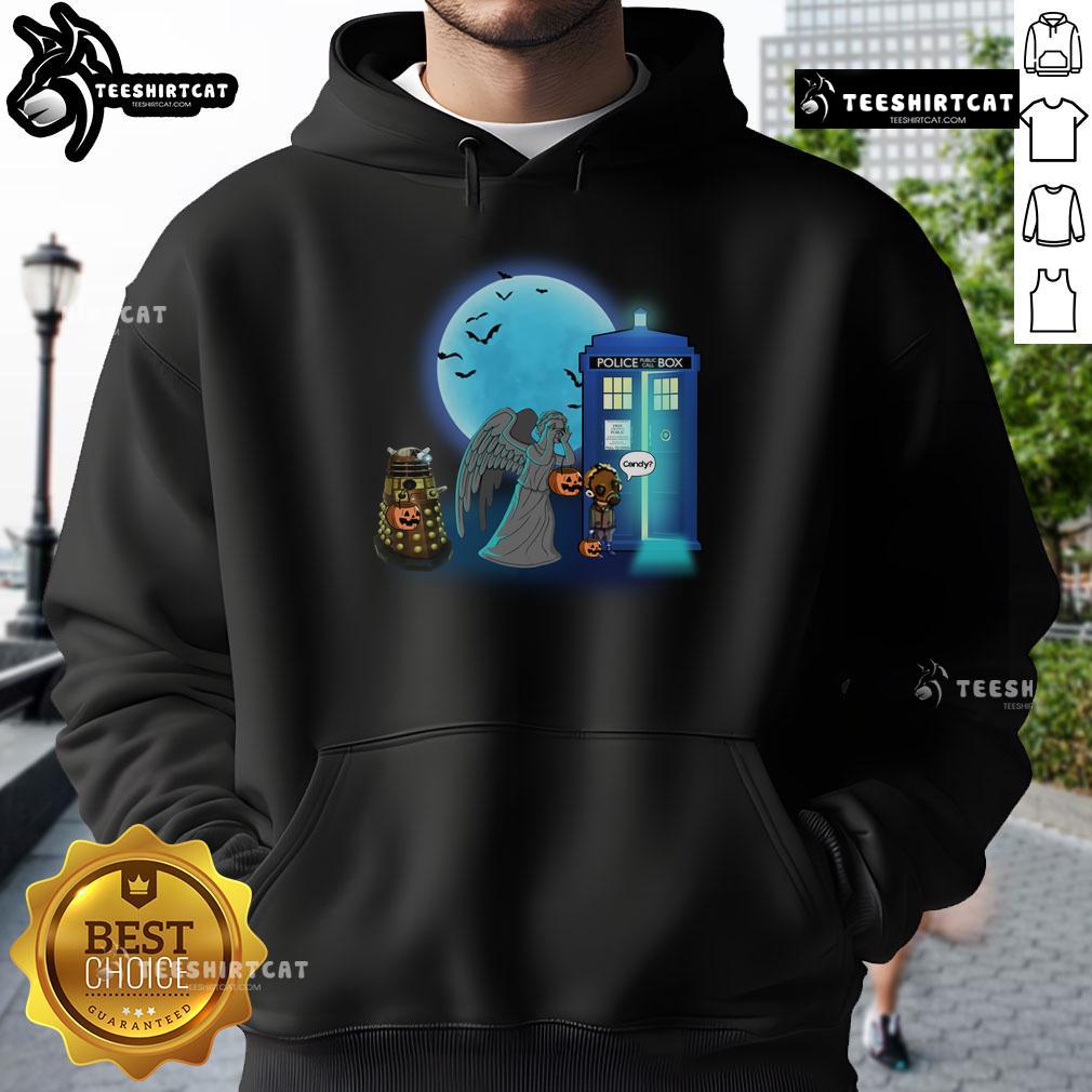 Funny Doctor Who Halloween hoodie featuring TARDIS, Dalek, and Weeping Angel for trick-or-treating fun.