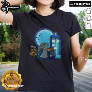 Funny Doctor Who Halloween tee featuring TARDIS, Dalek, and Weeping Angel, perfect for trick-or-treating.