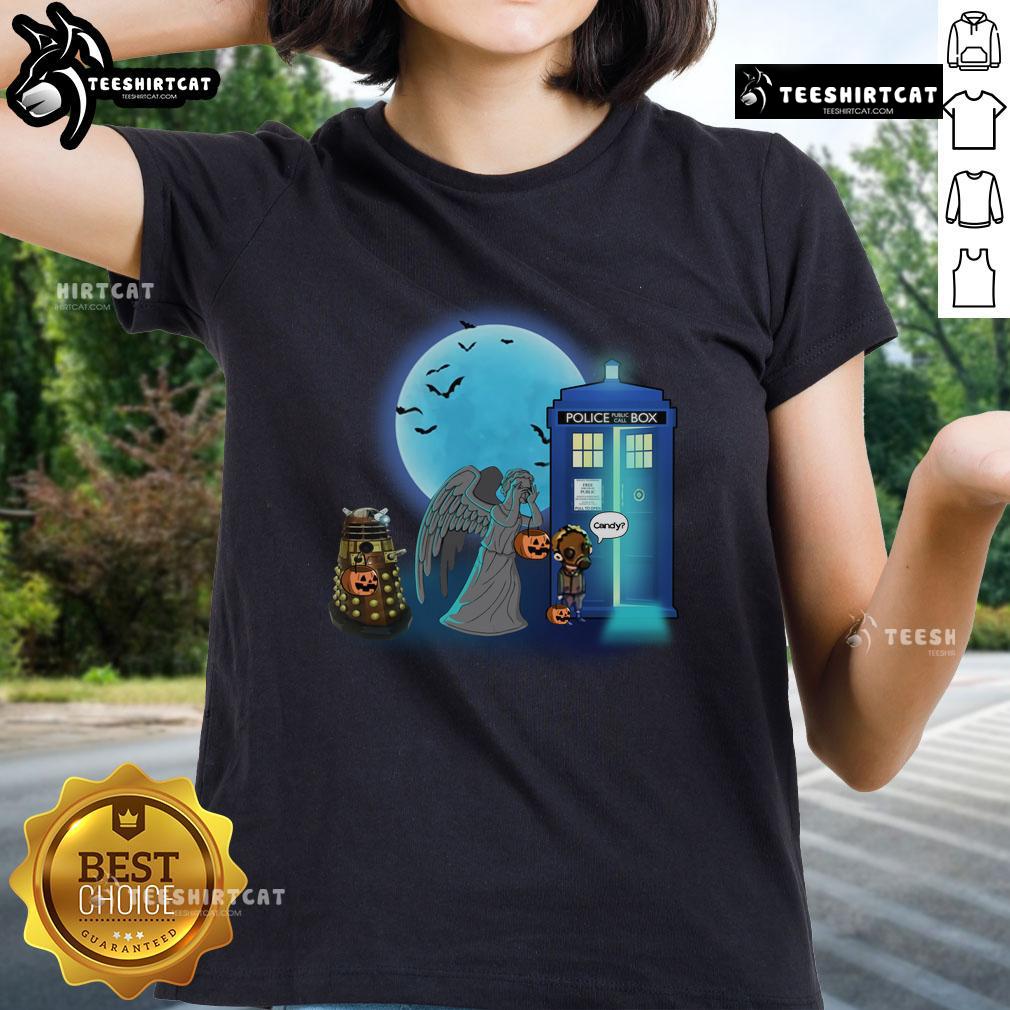 Funny Doctor Who Halloween tee featuring TARDIS, Dalek, and Weeping Angel, perfect for trick-or-treating.