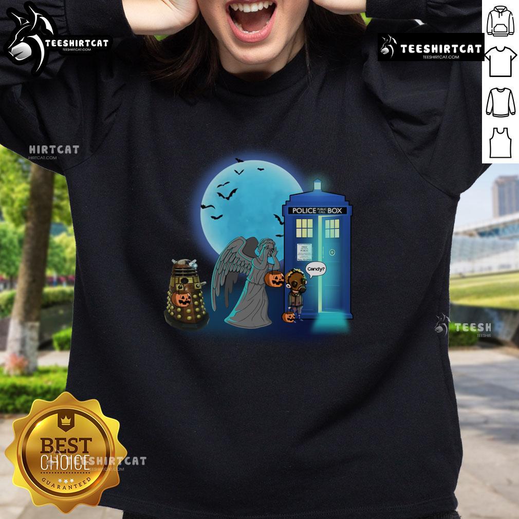 Alt Text: Funny Doctor Who Halloween sweatshirt featuring TARDIS, Dalek, and Weeping Angel for trick or treat fun.