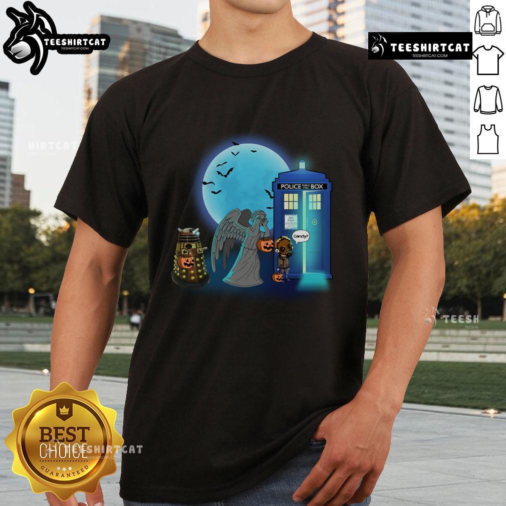 Funny Doctor Who Halloween T-shirt featuring TARDIS, Dalek, and Weeping Angel for a spooky trick or treat theme.