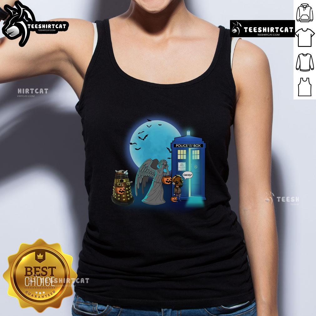 Funny Doctor Who Halloween tank top featuring TARDIS, Dalek, and Weeping Angel designs for a spooky trick or treat.
