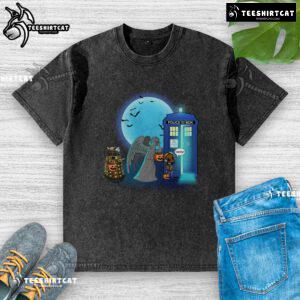 Funny Doctor Who Halloween T-shirt featuring TARDIS, Dalek, and Weeping Angel for trick or treat festivities.