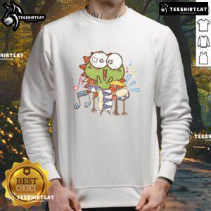 Alt Text: Cute sweatshirt featuring a funny frog playing a drum, perfect for animal lovers and humor enthusiasts.