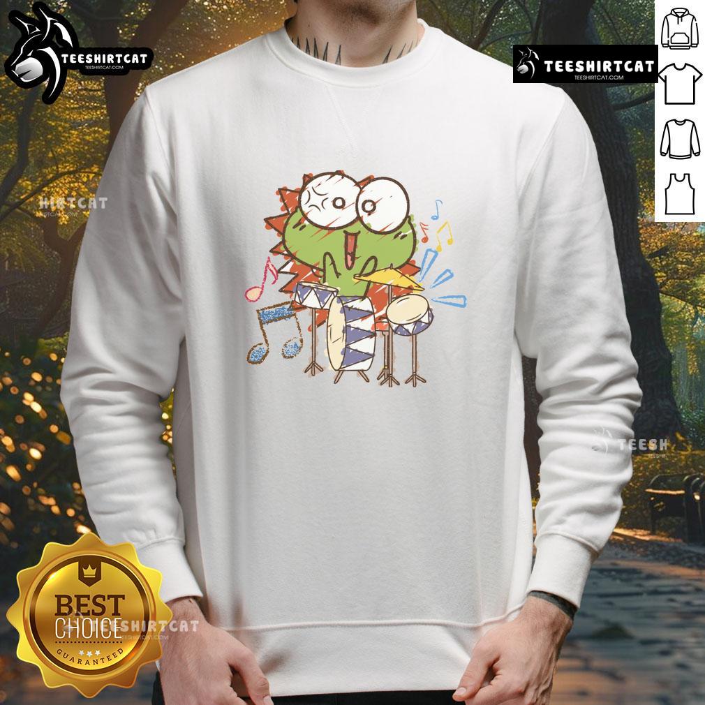Alt Text: Cute sweatshirt featuring a funny frog playing a drum, perfect for animal lovers and humor enthusiasts.