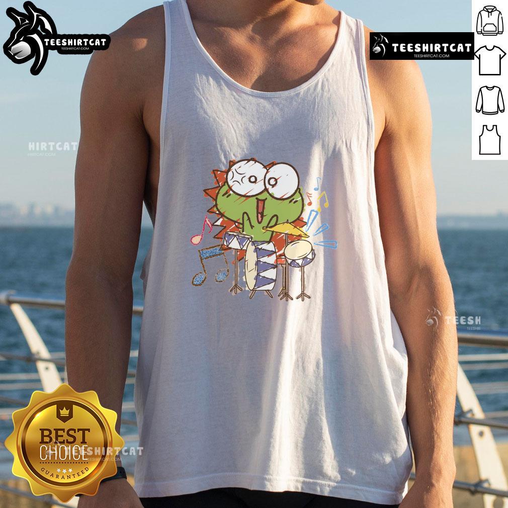 Alt Text: Cute tank top featuring a funny frog with a drum, perfect for animal lovers and quirky fashion enthusiasts.