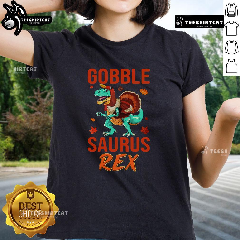 Funny Gobble Saurus Rex Thanksgiving ladies tee featuring a whimsical dinosaur design perfect for festive celebrations.