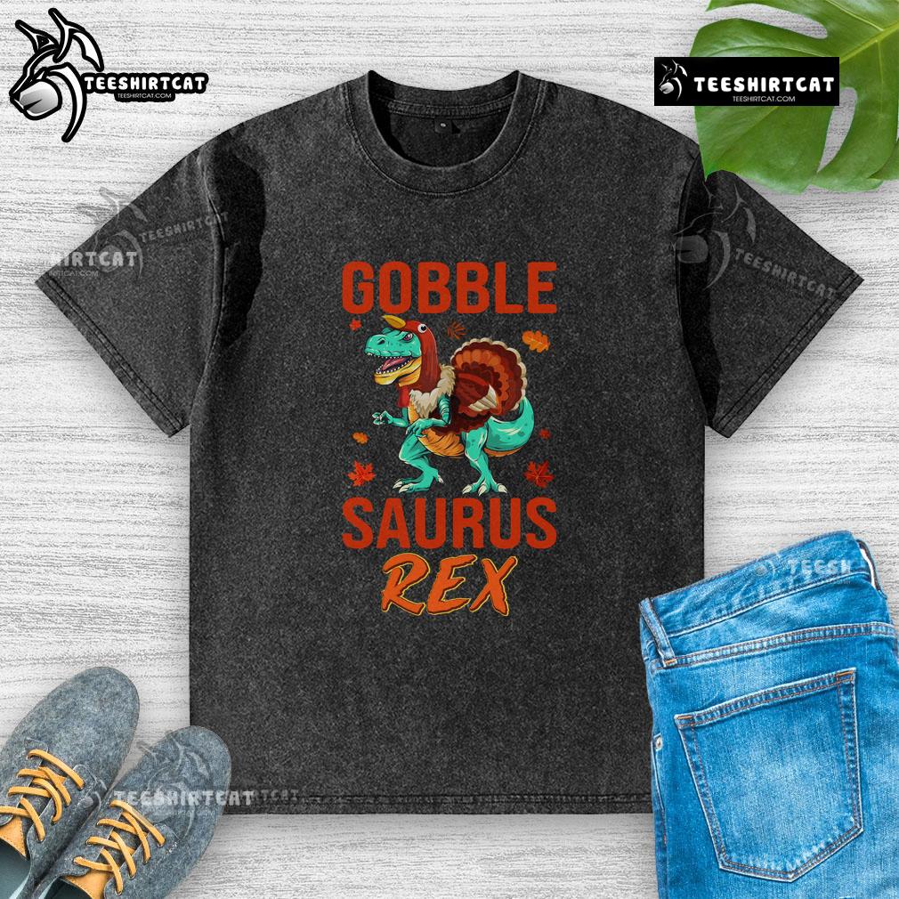 Funny Gobble Saurus Rex Thanksgiving washed t-shirt featuring a playful dinosaur design perfect for holiday celebrations.