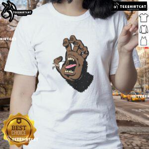 Funny gorilla hand graphic on a monster hand ladies tee, perfect for playful and quirky fashion statements.