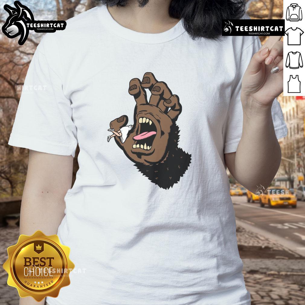 Funny gorilla hand graphic on a monster hand ladies tee, perfect for playful and quirky fashion statements.