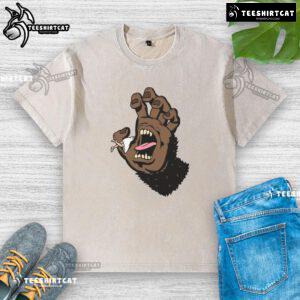 Funny Gorilla Hand Monster graphic on a hand-washed T-shirt, showcasing a playful design perfect for animal lovers.