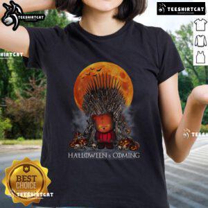 Funny Halloween Game of Thrones parody tee featuring Iron Throne pumpkin skull design for ladies.