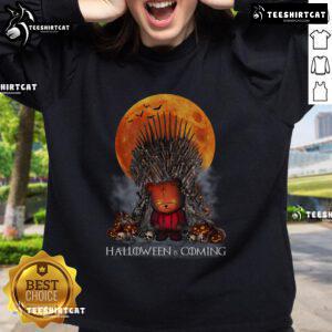 Funny Halloween Game of Thrones parody sweatshirt featuring Iron Throne, pumpkin, and skull design.
