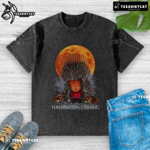 Funny Halloween Game of Thrones parody t-shirt featuring Iron Throne, pumpkin, and skull design, perfect for festive humor.