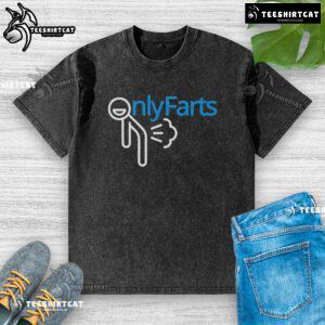 Funny Onlyfarts logo parody on a washed t-shirt, showcasing humor and creativity in casual fashion.