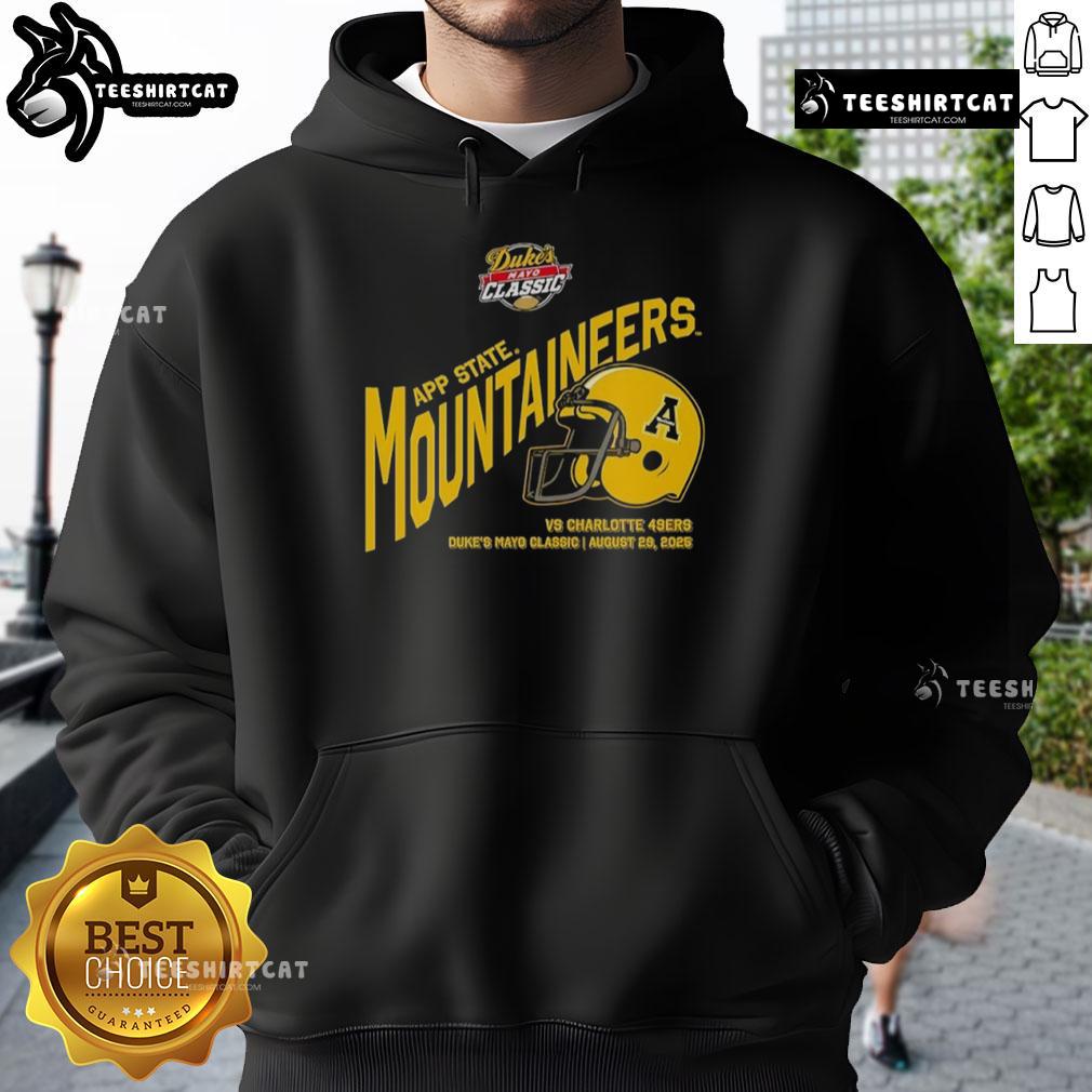 Appalachian State Mountaineers football helmet hoodie for the 2025 Dukes Mayo Classic, showcasing team spirit and style.