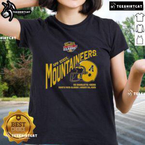 Appalachian State Mountaineers football helmet on ladies tee, celebrating the 2025 Dukes Mayo Classic event.